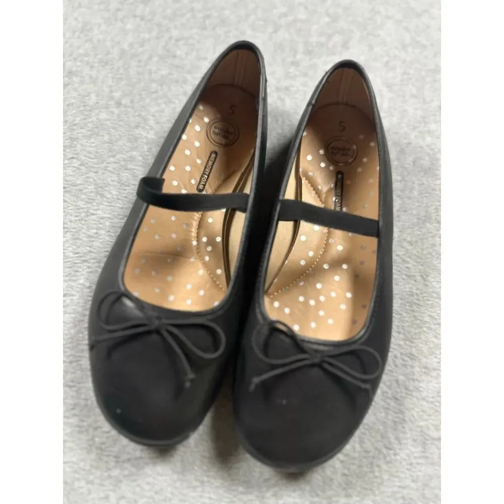 Wonder Nation Ballet Flats Girls Black SZ 5 Elastic Strap Round Toe Bow Detail